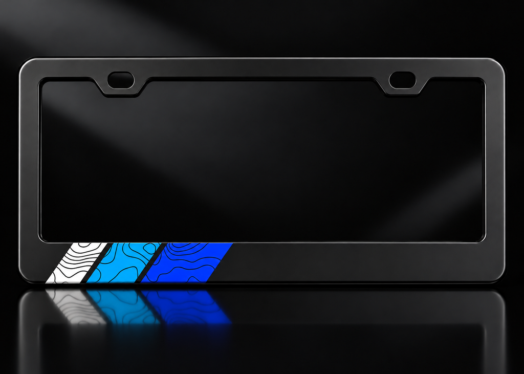 Blue Topographic Retro Stripes License Plate Frame Black Metal