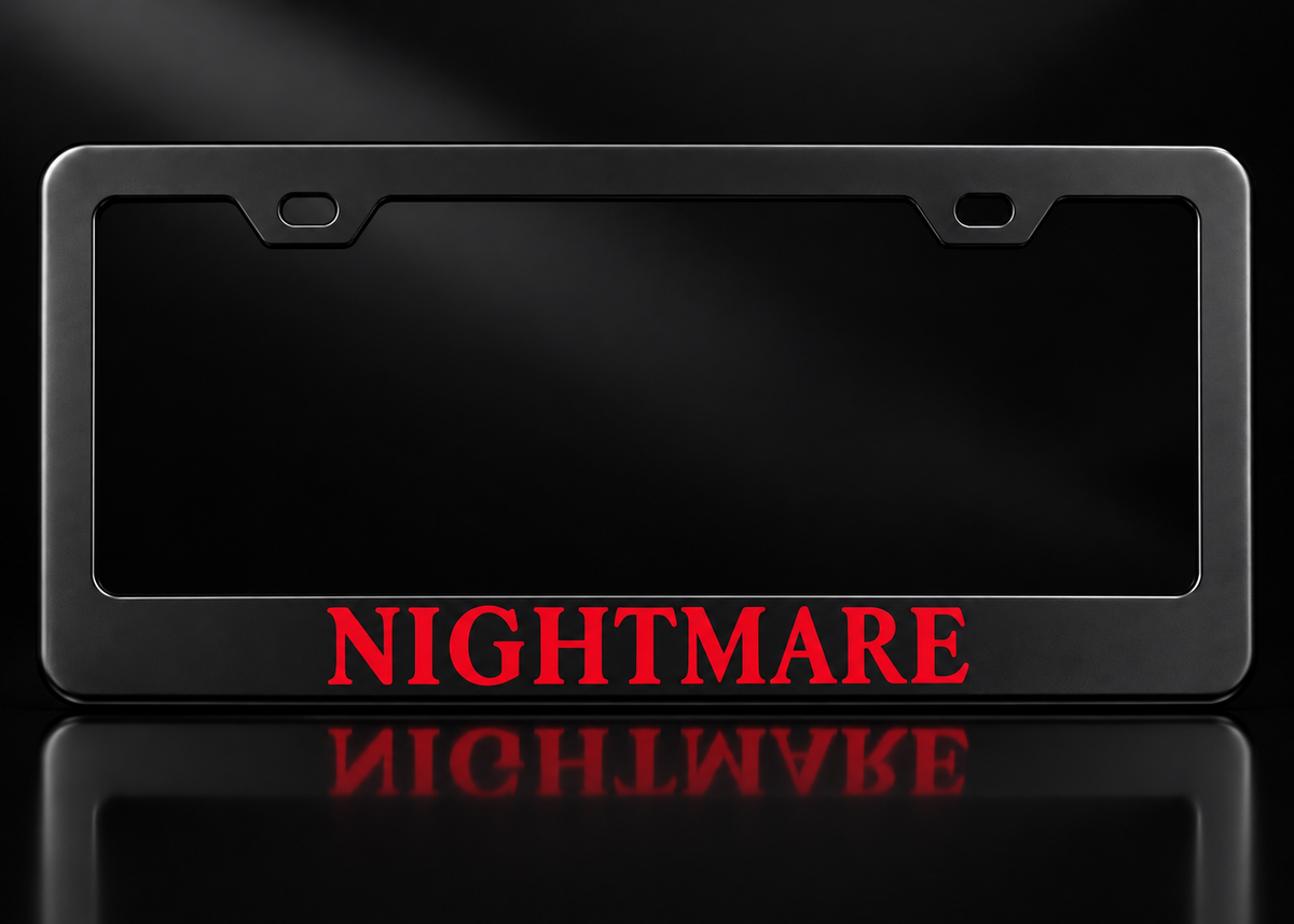 Nightmare Red Lettering License Plate Frame Black Metal