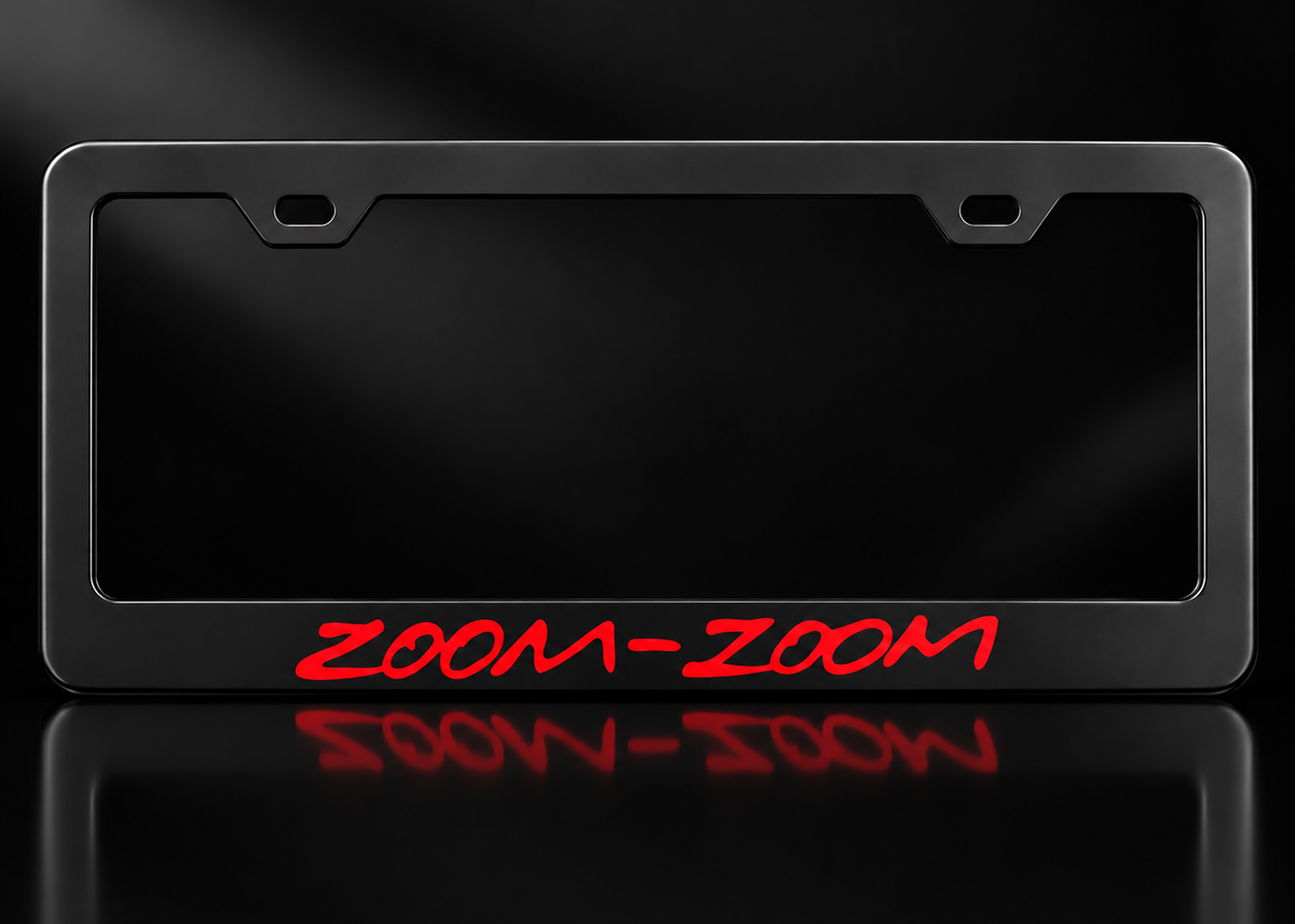 Zoom-Zoom Red Lettering License Plate Frame Black Metal for Mazda