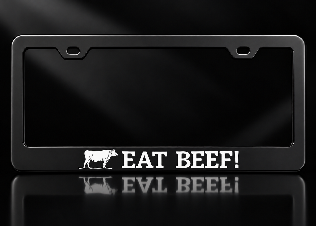 Eat Beef Cow Design License Plate Frame Black Metal