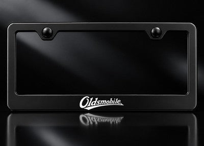 Oldsmobile White Script License Plate Frame Satin Black Metal