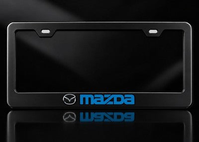 Mazda Blue Logo License Plate Frame Satin Black Metal