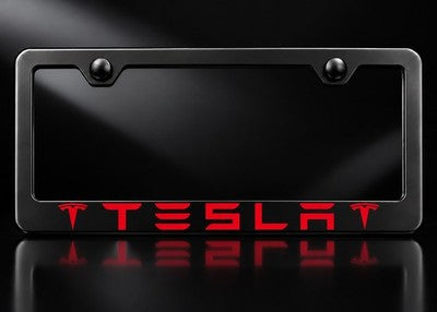 Tesla Red Logo License Plate Frame Satin Black Metal
