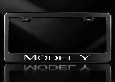 Tesla Model Y White Lettering License Plate Frame Satin Black Metal