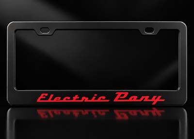 Electric Pony License Plate Frame Black Metal Red Script