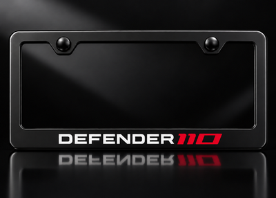 Defender 110 License Plate Frame Black Metal White Red Logo