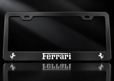 Ferrari License Plate Frame Black Metal White Logo Prancing Horse