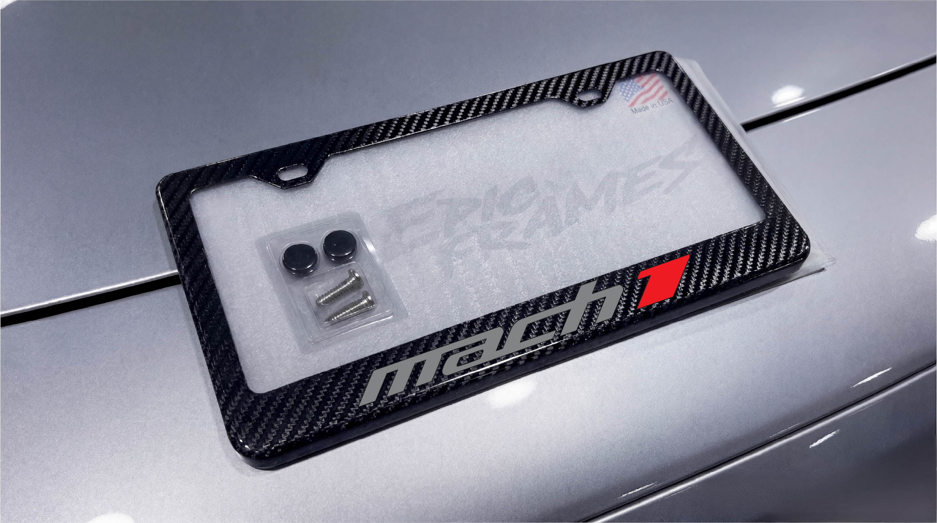 Gray / Red Mach 1 Mustang License Plate Frame 100% Real Carbon Fiber